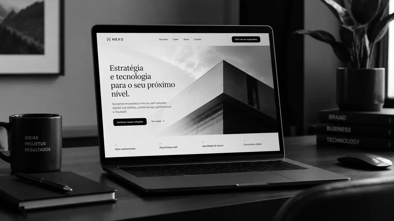 Website institucional exibido em notebook
